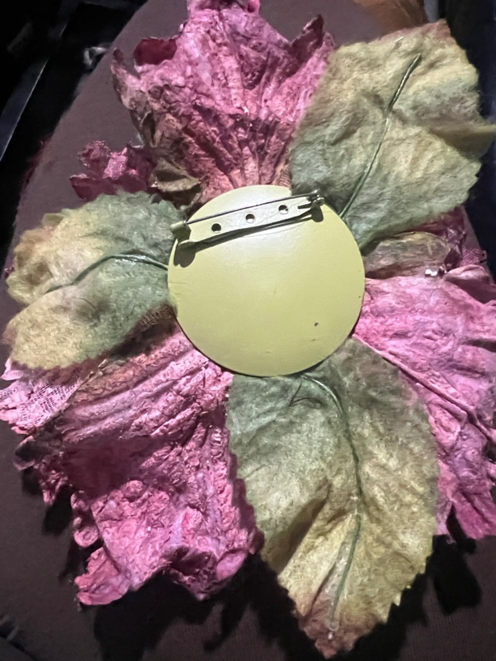 Large Pink & Green Fabric Flower Pin Brooch